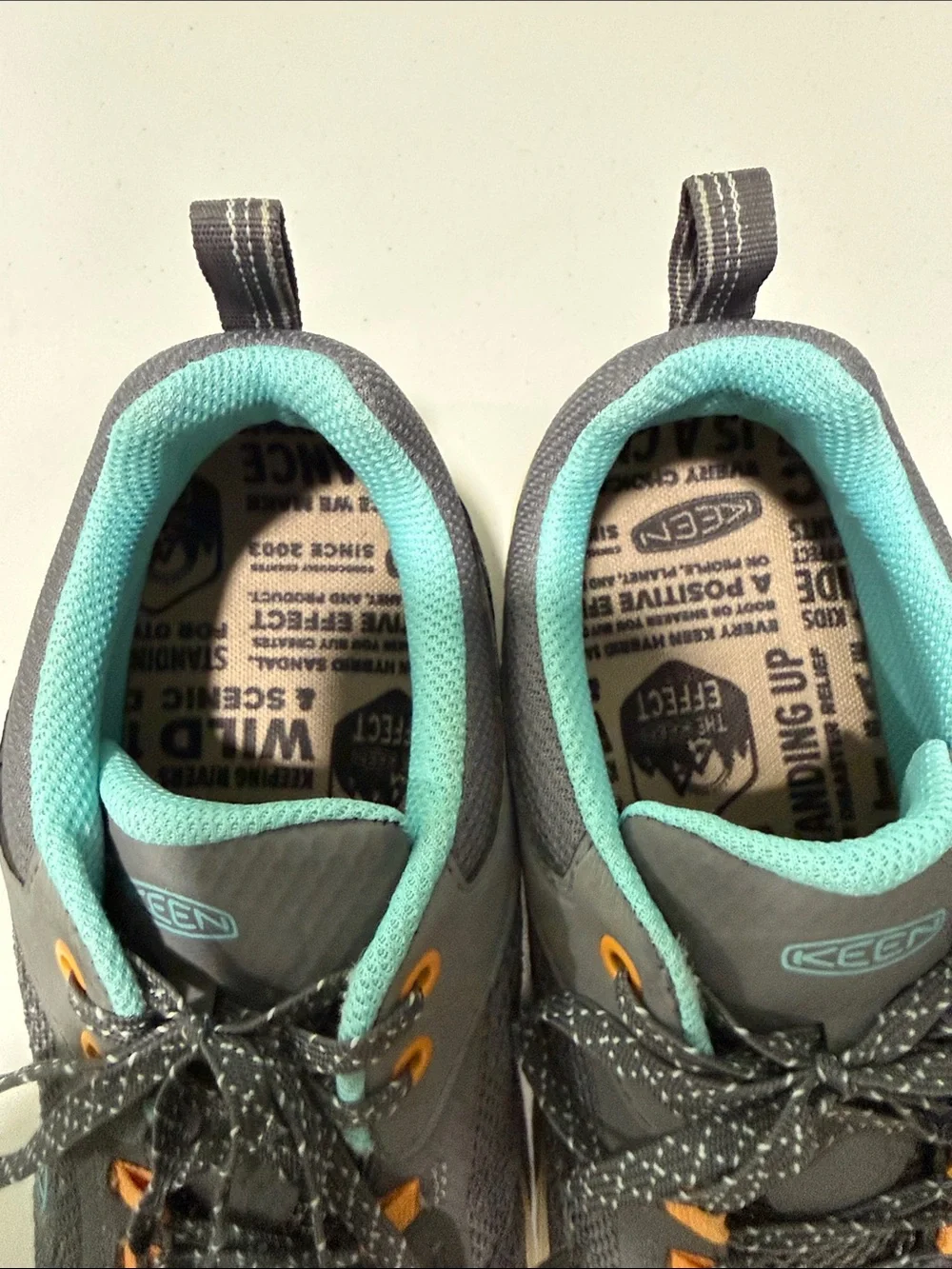 Keen Women’s Gray Sneakers with Teal Lining and Orange Accents